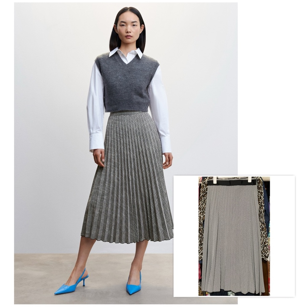 Mango Gingham Pleated Midi Skirt Size Medium